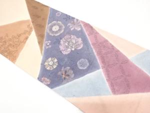 手織り真綿紬　相良刺繍　絞り　切りばめ風　花更紗模様　袋帯